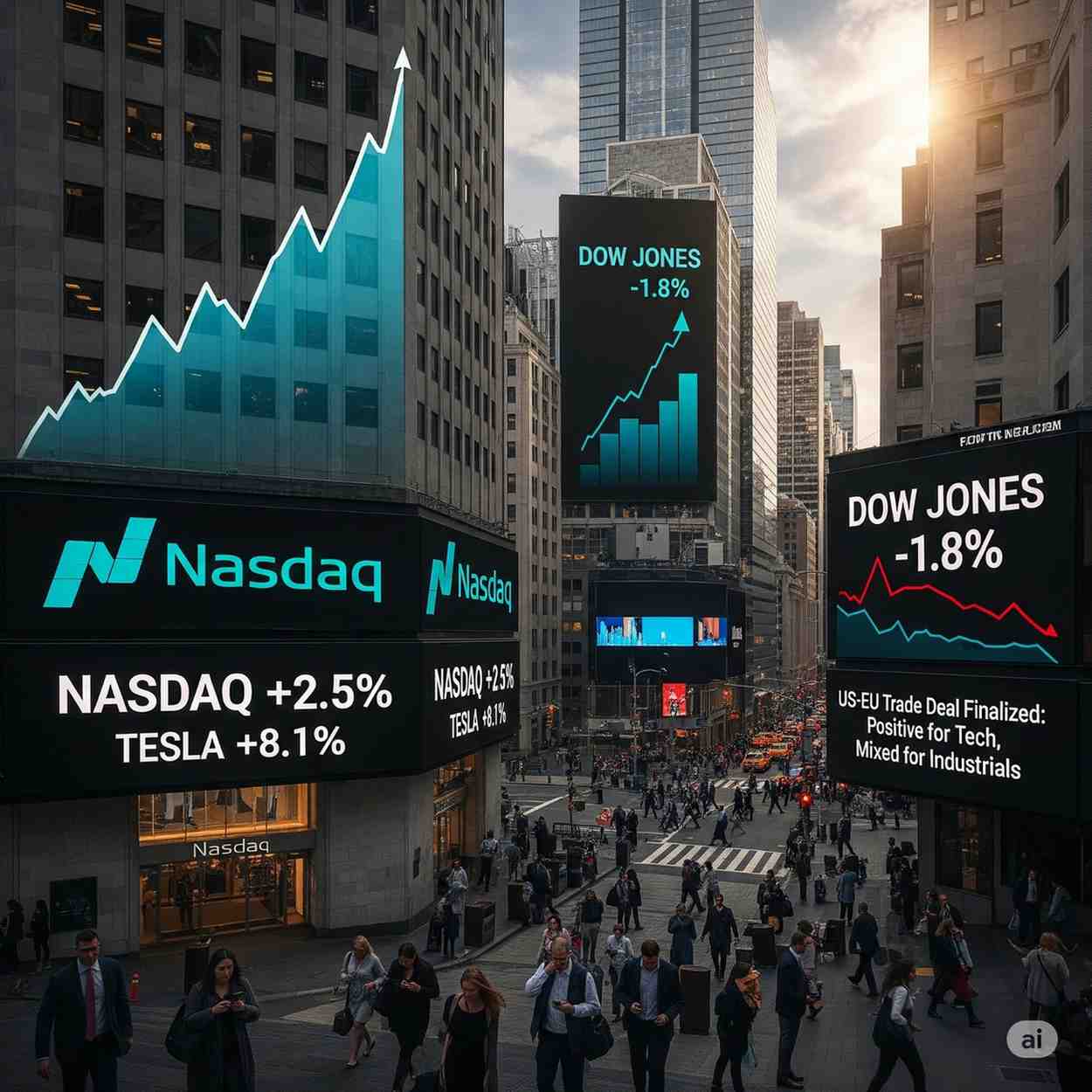 Wall Street Mixed: Nasdaq Rises on US-EU Trade Deal; Dow Slips, Tesla Jumps 3.5%.