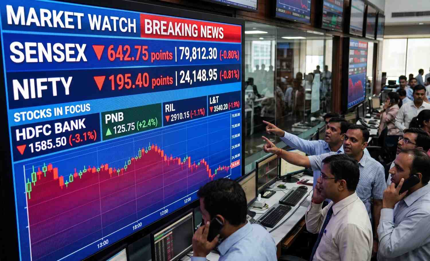 Sensex Falls 600+ Points, Nifty Below 24,150; HDFC Bank, PNB, RIL, L&T in Focus
